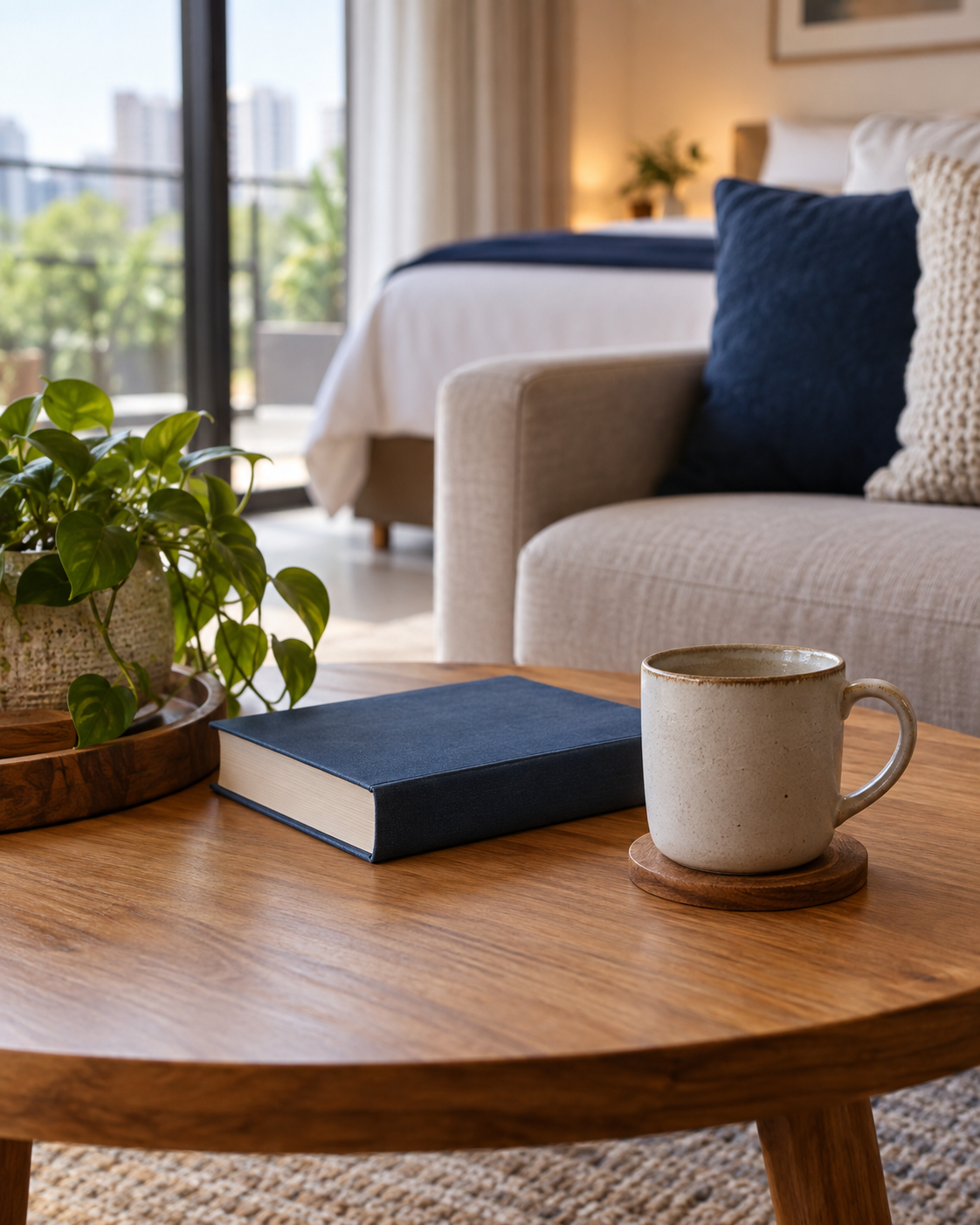 Imagem ilustrativa de mesa com xícara e detalhes de um apartamento preparado para receber